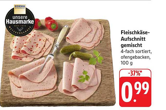 Fleischkäse-Aufschnitt gemischt 4-fach sortiert, ofenbacken, 100 g