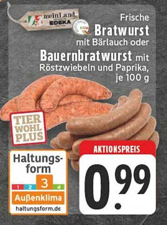 Frische Bratwurst mit Bärlauch oder Bauernbratwurst mit Röstzwiebeln und Paprika, je 100 g