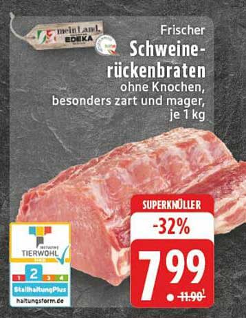 Frischer Schweinerückenbraten ohne Knochen, besonders zart und mager, je 1 kg