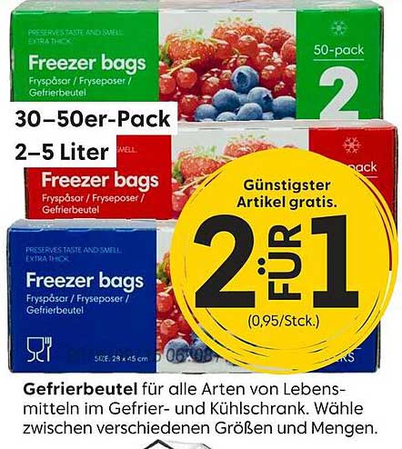 Gefrierbeutel für alle Arten von Lebensmitteln im Gefrier- und Kühlschrank