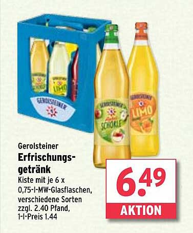 Gerolsteiner Erfrischungsgetränk Kiste mit 6 x 0,75-l-MW-Glasflaschen