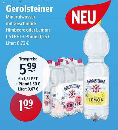 Gerolsteiner Mineralwasser mit Geschmack Himbeere oder Lemon, 6 x 1,5 l PET