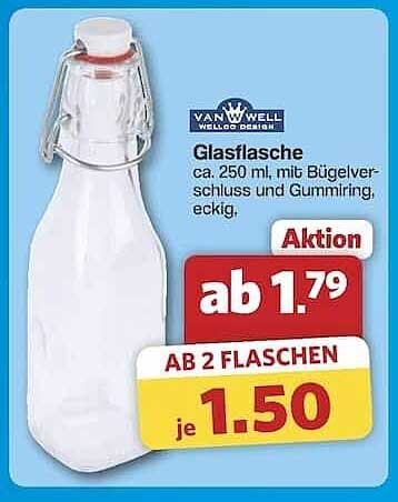 Glasflasche ca. 250 ml mit Bügelverschluss und Gummiring, eckig