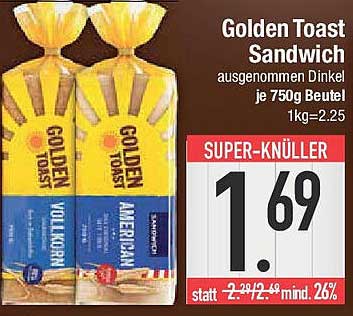 Golden Toast Sandwich ausgenommen Dinkel je 750g Beutel