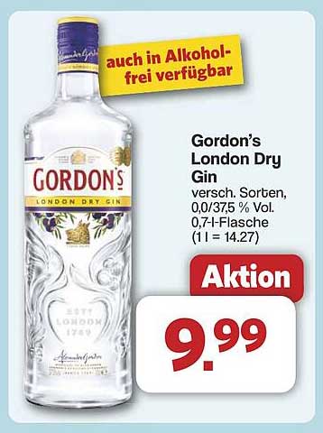Gordon’s London Dry Gin – Verschiedene Sorten, 0,0/37,5 % Vol., 0,7 l-Flasche