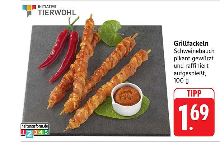 Grillfackeln Schweinebauch pikant gewürzt und raffiniert aufgespießt, 100 g