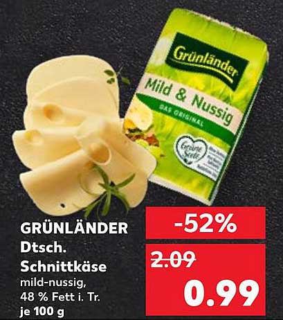 GRÜNLÄNDER Dtsch. Schnittkäse mild-nussig, 48 % Fett i. Tr. je 100 g