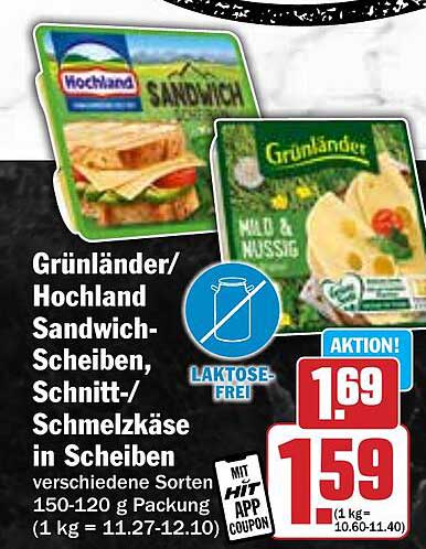 Grünländer/Hochland Sandwich-Scheiben - Schnitt-/Schmelzkäse in Scheiben