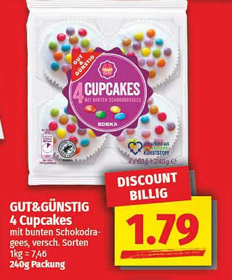 GUT& GÜNSTIG 4 Cupcakes mit bunten Schokoladenees, 240g