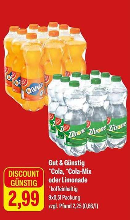 Gut & Günstig Getränke-Set: Cola, Cola-Mix oder Limonade - 9x0,5L