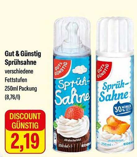 Gut & Günstig Sprühsahne verschiedene Fettstufen 250ml Packung