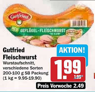 Gutfried Fleischwurst Wurstaufschnitt, verschiedene Sorten 200-100 g SB Verpackung
