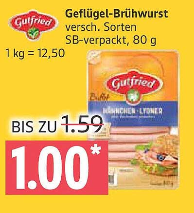 Gutfried Geflügel-Brühwurst, verschiedene Sorten, 80 g
