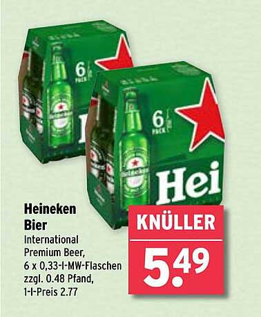 Heineken Bier, 6 x 0,33-l-MW-Flaschen
