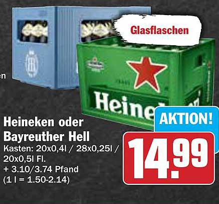 Heineken oder Bayreuther Hell – Kasten 20x0,5l