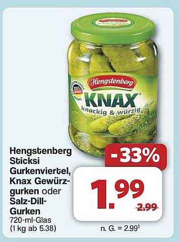Hengstenberg Sticks Gurkenviertel, Knax Gewürzgurken oder Salz-Dill-Gurken 720-ml-Glas
