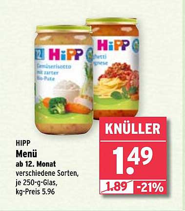 HIPP Menü ab 12. Monat - verschiedene Sorten im 250-g-Glas