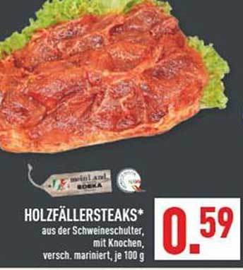HOLZFÄLLERSTEAKS* aus der Schweineschulter, mit Knochen, versch. mariniert, je 100 g