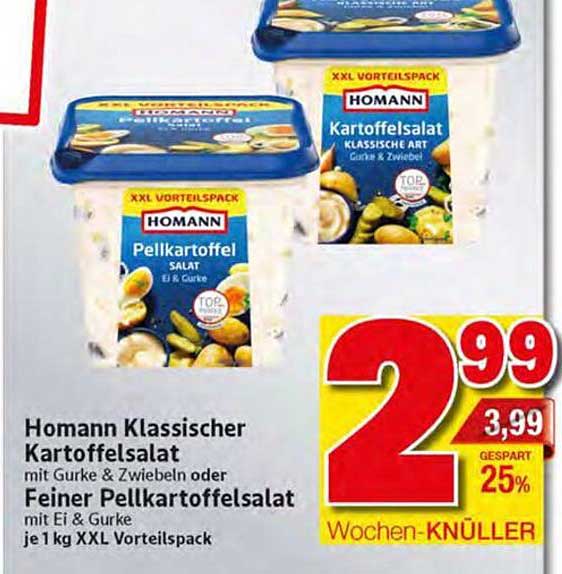 Homann Klassischer Kartoffelsalat mit Gurke & Zwiebeln oder Feiner Pellkartoffelsalat mit Ei & Gurke je 1 kg XXL Vorteilspack