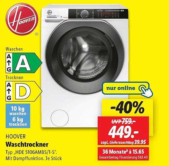 Hoover Waschtrockner Typ „HDE 5106AMBS/1-S”: Mit Dampffunktion