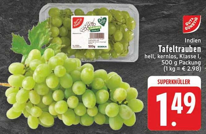 Indien Tafeltrauben hell, kernlos, Klasse I, 500 g Packung