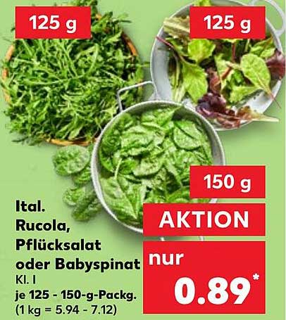 Ital. Rucola, Pflücksalat oder Babyspinat 150 g für nur 0,89*