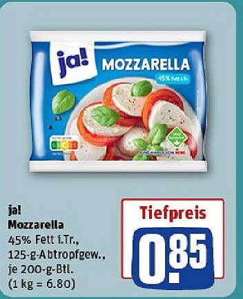 ja! Mozzarella 45% Fett i.Tr., 125-g-Behälter, je 200-g-Btl.