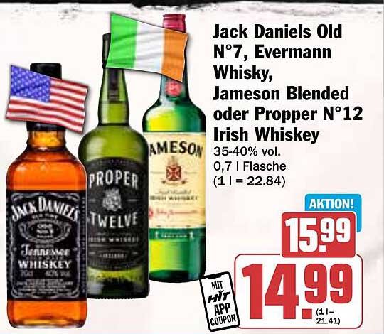 Jack Daniels Old N°7, Evermann Whisky, Jameson Blended oder Proper N°12 Irish Whiskey