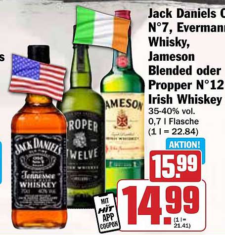 Jack Daniels Old No. 7, Evermann Whisky, Jameson Blended oder Proper N°12 Irish Whiskey