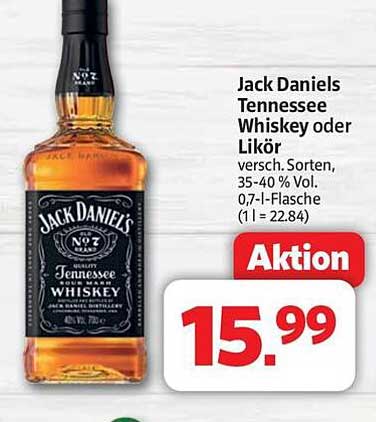 Jack Daniels Tennessee Whiskey oder Likör, 0,7 l für nur 15,99 €