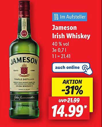Jameson Irish Whiskey 0,7 l - Aktion 31% sparen