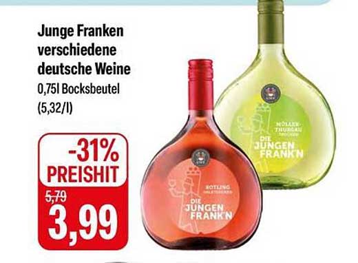 Junge Franken verschiedene deutsche Weine 0,75l Bocksbeutel