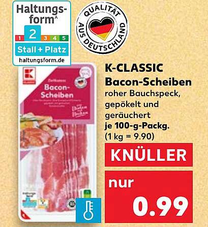 K-CLASSIC Bacon-Scheiben – roher Bauchspeck, gepökelt und geräuchert