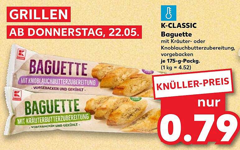 K-CLASSIC Baguette mit Kräuter- oder Knoblauchbutterzubereitung, 175-g-Pack.
