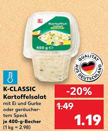 K-CLASSIC Kartoffelsalat mit Ei und Gurke oder geräuchertem Speck 400-g-Becher