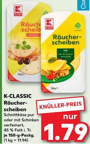K-CLASSIC Räucherscheiben Schnittkäse pur oder mit Schinken verfeinert, 150 g Packung