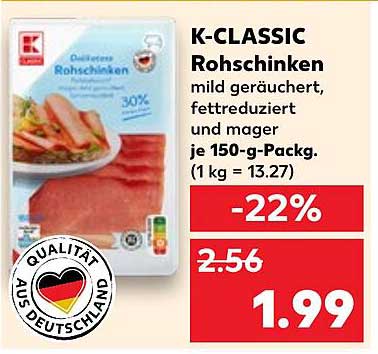 K-CLASSIC Rohschinken mild geräuchert, fettreduziert und mager je 150-g-Packung
