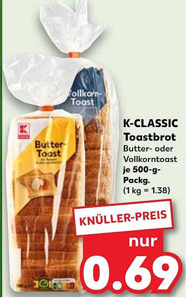 K-CLASSIC Toastbrot Butter- oder Vollkorntoast 500-g-Packung