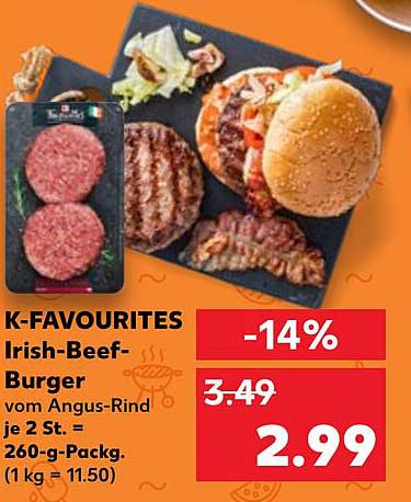 K-Favourites Irish-Beef-Burger vom Angus-Rind je 2 St. = 260-g-Packung