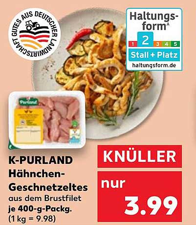 K-PURLAND Hähnchen-Geschnetzeltes aus dem Brustfilet je 400-g-Packung