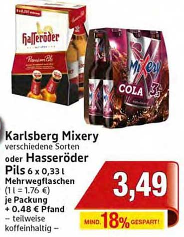 Karlsberg Mixery oder Hasseröder Pils 6 x 0,33 l Mehrwegflaschen