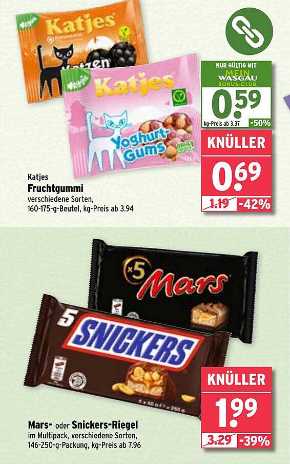Katjes Fruchtgummi und Mars-/Snickers-Riegel