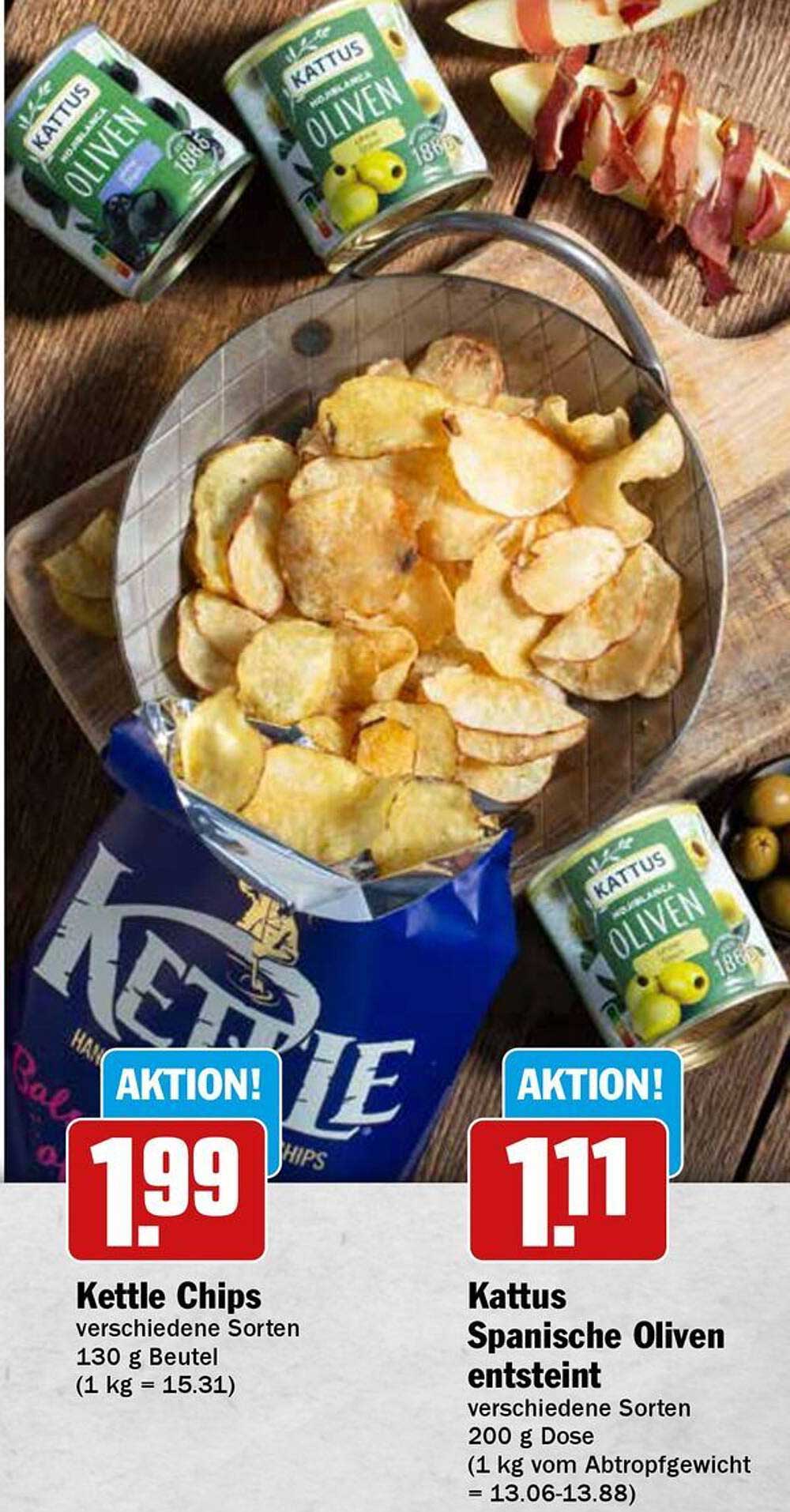 Kettle Chips 130 g Beutel und Kattus Spanische Oliven 200 g Dose