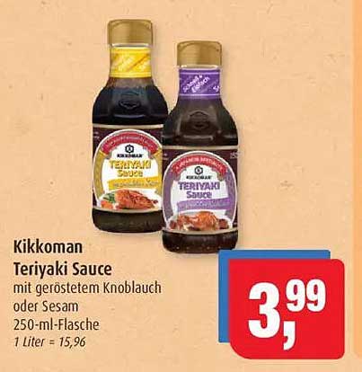 Kikkoman Teriyaki Sauce mit geröstetem Knoblauch oder Sesam 250-ml-Flasche
