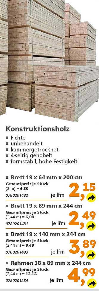 Konstruktionsholz - Fichte, unbehandelt, kammergetrocknet