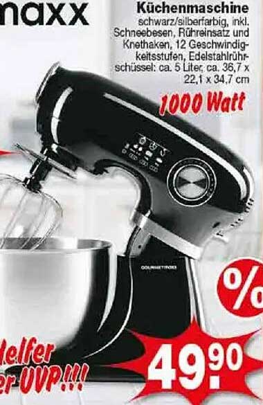 Küchenmaschine schwarz/silberfarbig, inkl. Schneebesen, Rührsatz und Knethaken, 1000 Watt