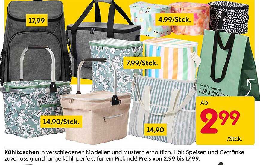 Kühltaschen in verschiedenen Modellen und Mustern erhältlich.