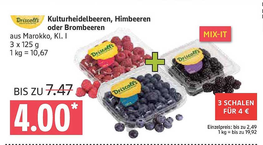 Kulturheidelbeeren, Himbeeren oder Brombeeren - 3 Schalen für 4 €