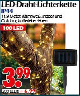 LED-Draht-Lichterkette IP44, 11,9 Meter, Warmweiß, Indoor und Outdoor, batteriebetrieben