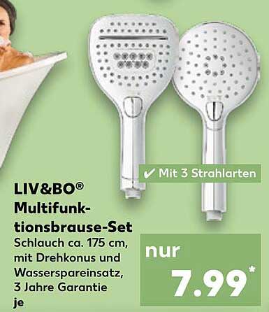 LIV&BO® Multifunktionsbrause-Set – Schlauch ca. 175 cm, mit Drehkonus und Wasserspareinsatz, 3 Jahre Garantie